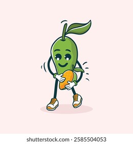 A cheerful cartoon mango character joyfully holds another mango while wearing shoes.