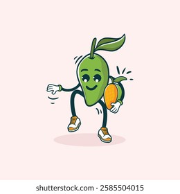 A cheerful cartoon mango character with shoes is dancing happily while holding another mango.