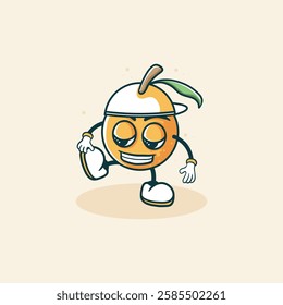 A cheerful cartoon mango character wearing a cap and shoes is depicted walking happily.