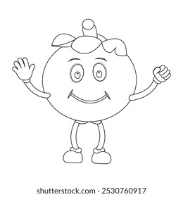 Cheerful cartoon mangosteen fruit character. Mascot is in outline format, ideal for childrens coloring books, and is perfect for a tropical fruit theme. eps10