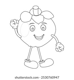 Cheerful cartoon mangosteen fruit character. Mascot is in outline format, ideal for childrens coloring books, and is perfect for a tropical fruit theme. eps10