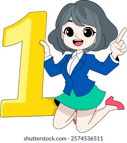 A cheerful cartoon mascot character with gray hair, wearing a blue blazer, green skirt, and red shoes, holding a large yellow number one