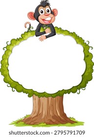 Cheerful cartoon monkey above leafy tree with blank white sign, bright colors, vector style
