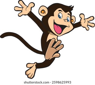 A cheerful cartoon monkey with a big smile and open arms on a white background
