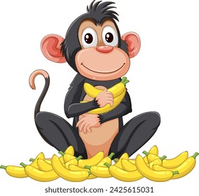 Cheerful cartoon monkey surrounded by bananas