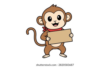 Cheerful cartoon monkey wearing a red neck scarf happily holds a blank rectangular cardboard sign for your custom message.
