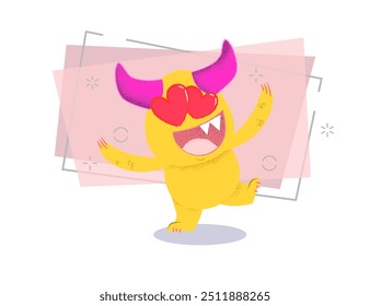 Cheerful cartoon monster with hearts instead of eyes dancing. Love concept. Vector illustration can be used for topics like party invitation, Valentines day, romance