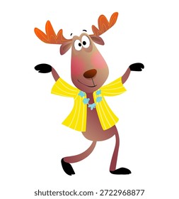 Almoço animado dançando em camisa amarela com Lei para tema de festa de férias. Ilustração festiva de caráter animal alce para festas infantis. Caráter animal vetorial clipart de desenho animado para crianças.