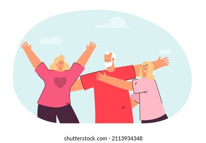 Cheerful cartoon mother and daughter hugging grandfather. Old man spending time with daughter and granddaughter flat vector illustration. Family, elderly care, love concept for banner, website design