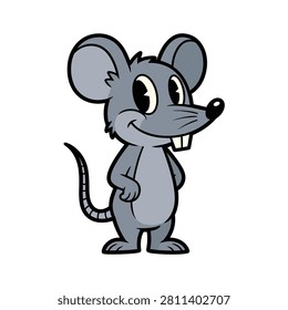 Cheerful cartoon mouse character with large ears and a friendly expression, standing on two legs against a white background