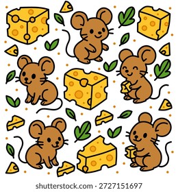 Alegre ratón de dibujos animados con ilustración de patrón de diseño plano de queso