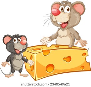 A cheerful cartoon mouse happily eating a piece of cheese