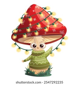 A cheerful cartoon mushroom adorned with colorful holiday lights, ideal for seasonal designs and decorations