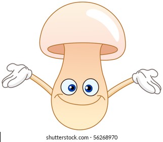 Cheerful cartoon mushroom raising her hands