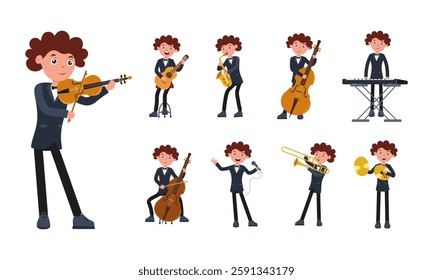 Cheerful cartoon musician playing various instruments in a lively performance