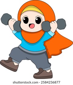 A cheerful cartoon Muslim girl wearing a hijab and sports outfit, lifting dumbbells with an enthusiastic expression