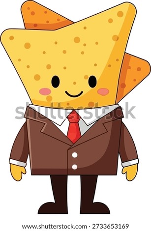 A cheerful cartoon nacho chip character dressed in a brown suit and red tie stands confidently, perfect for representing fun business, finance, or food concepts with a playful, approachable vibe.