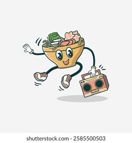 A cheerful cartoon noodle bowl character joyfully dances while carrying a retro boombox.