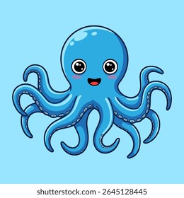 A Cheerful Cartoon Octopus Floating Happily in the Sea with a Bright Blue Color Scheme and a Friendly Expression