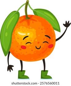 Cheerful cartoon orange character wearing bright green boots, smiling and waving joyfully, surrounded by vibrant leaves and a playful stem, radiating positivity and happiness