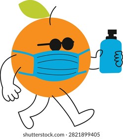 A cheerful cartoon orange fruit character, complete with a green leaf, is depicted wearing a blue protective face mask and dark sunglasses, while confidently carrying a blue bottle of hand sanitizer.