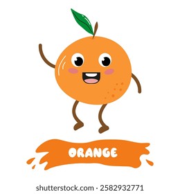 Cheerful cartoon orange tangerine character with big eyes and wide smile dances joyfully. The character has a green leaf on his head and a bright orange body, which adds a playful feel to the scene.