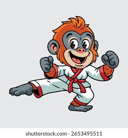 Um animado orangotango em um uniforme de caratê cinto vermelho, realizando um chute lateral poderoso com expressão energética