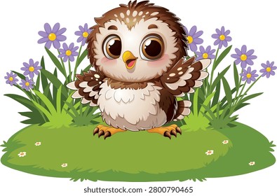 A cheerful cartoon owlet stands in a meadow with purple flowers and green grass.