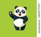 Cheerful cartoon panda bear with a friendly wave set against a green background