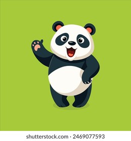 Cheerful cartoon panda bear with a friendly wave set against a green background