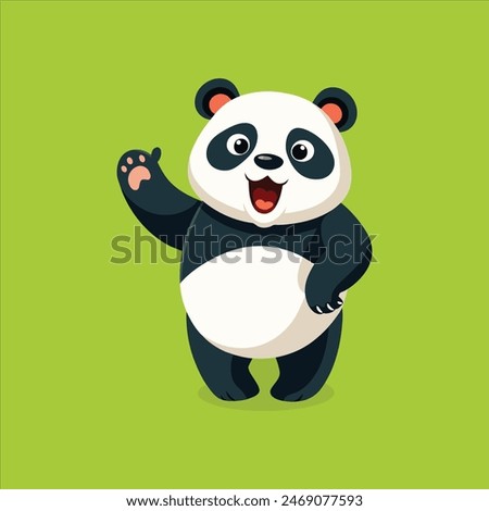 Cheerful cartoon panda bear with a friendly wave set against a green background