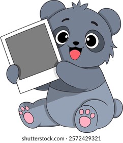 A cheerful cartoon panda character holding a blank polaroid photo frame, sitting with a playful expression and pink paw details