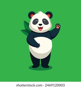 Cheerful cartoon panda with a friendly wave on a green background