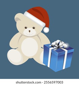 Cheerful cartoon panda with santa hat and blue gift box,vector illustration