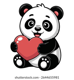 A cheerful cartoon panda sits holding a large red heart Its expression is joyful and the style is simple yet endearing The colors are primarily black white gray and red