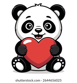 A cheerful cartoon panda sits holding a large red heart The panda is black and white with large eyes and a happy expression The style is simple and friendly