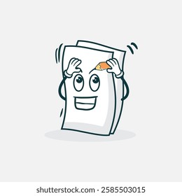 A cheerful cartoon paper character is depicted holding a pencil above its head while thoughtfully smiling.