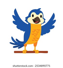 A cheerful cartoon parrot with blue and orange feathers, perched on a branch, wings spread.