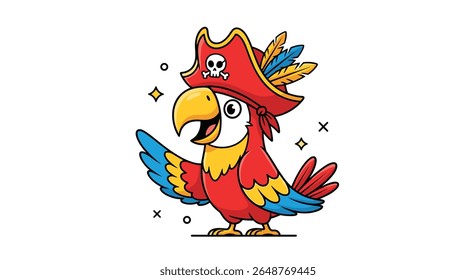 A cheerful cartoon parrot wearing a pirate hat with feathers and a skull emblem waving hello