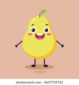 A cheerful cartoon pear character with a big smile, rosy cheeks, and a green leaf on top stands on a light pink background.