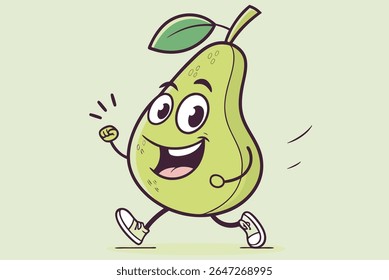 A cheerful cartoon pear character with a happy expression and a leaf on its stem is depicted running with its arms and legs in motion, wearing sneakers.