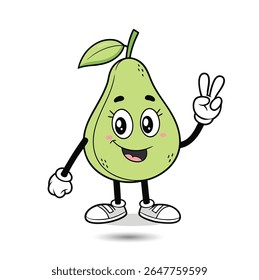 A cheerful cartoon pear character with a happy smile and eyes, wearing shoes and giving a peace sign with its hand.