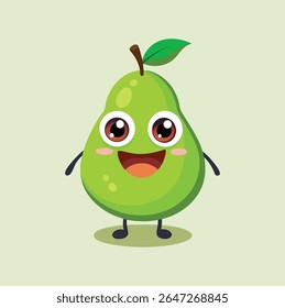 A cheerful cartoon pear character with large, expressive eyes, a wide smile, and rosy cheeks stands against a pale green background.