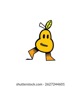 Um personagem alegre de pera de desenho animado com rosto e pernas sorridentes, projetado em cores amarelas e laranja brilhantes. Esta ilustração brincalhona é perfeita para produtos infantis ou materiais educacionais.
