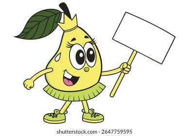 A cheerful cartoon pear character wearing a crown and a green skirt holds a blank white sign on a stick. The pear has large eyes, a wide smile, and is wearing green shoes.
