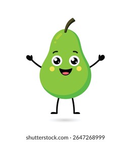 A cheerful cartoon pear with wide eyes, a big smile, and rosy cheeks stands with its arms raised against a white background.