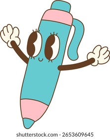 Cheerful cartoon pen character with big eyes and friendly expression, featuring blue body and pink accents, perfect for adding playful touch to any design