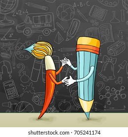 A cheerful cartoon pencil and a brush dance against the background of a black school board with drawings painted with chalk. Vector illustration