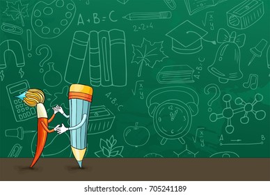 A cheerful cartoon pencil and a brush dance against the background of a green school board with drawings painted with chalk. Vector illustration