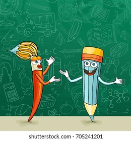 A cheerful cartoon pencil and a brush dance against the background of a green school board with drawings painted with chalk. Characters with eyes and hands. Vector illustration